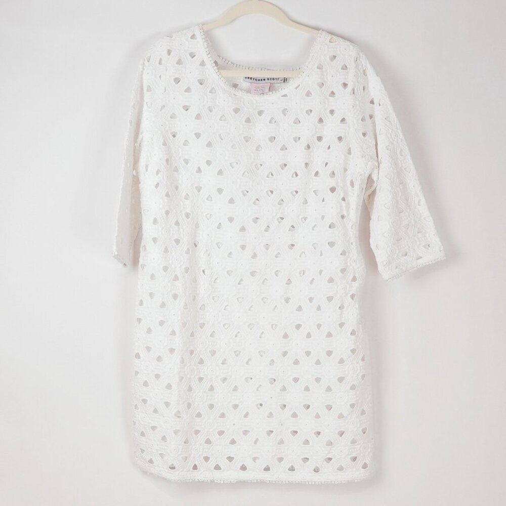 Gretchen Scott Pizelle Dress 3/4 Sleeve Eyelet Lace White - Large
